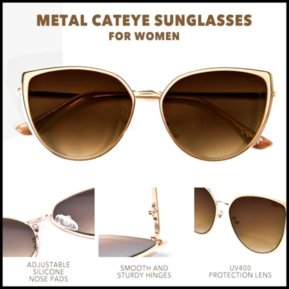 Metal Frame Cat Eye Sunglasses Oversized UV400 Protection Vintage